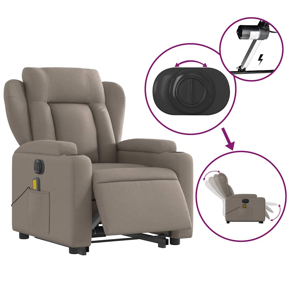 Sillón elevador eléctrico reclinable de tela gris con 6 puntos de vibración, función de elevación e inclinación de 135°, portavasos y bolsillo