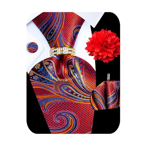 Image of 5PCS Mens Silk Designer Tie, Pocket Square, Cufflinks, Drilled Tie Ring and Lapel Pin Set for Wedding Groom Party