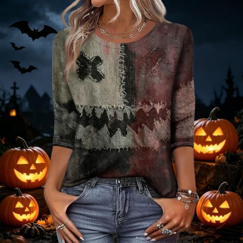 Image of Women Spooky Halloween Graphic Shirt 3 /4 Length Sleeve Crewneck Top | Halloween Funny Printed Pumpkin Plus Size Tshirts 2026 Fall Outfits Skeleton Tee Going Out Tops