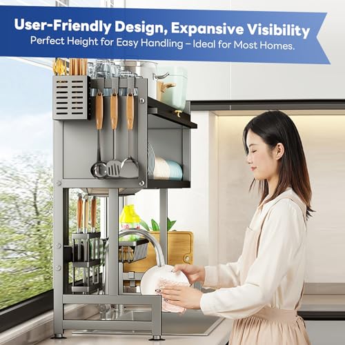 Hdrriozu シンク上水切り乾燥ラック 3段 シンク上水切りラック 整頓されたキッチンシンク棚用 省スペースディッシュラック 皿、グラス、ボウル、カトラリー用のカバー付き