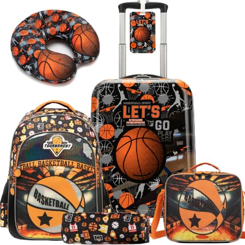 Image of Suitcase for Kids 16inch 5pcs Luggage Set for Boys Travel Suitcase Orange Basketball Hard Shell Luggage Sets with Spinner Wheels Carry on Luggage Airline Approved