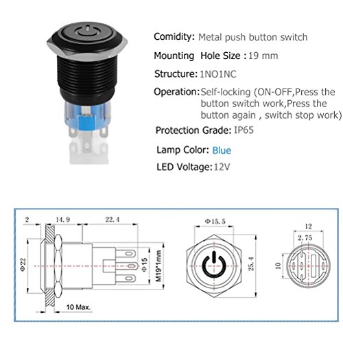 Quentacy 19Q-K17/A-BLUE 19Mm 3/4 Inch Metal Latching Pushbutton Switch 12V Power Symbol Led 1No1Nc Spdt On/Off Black Waterproof Toggle Switch thumb #1