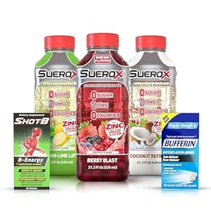 SueroX Kit Electrolyte Drinks Berry Blast, Coconut Refresh, Lemon Lift – 21.3 Fl Oz each,Bufferin Aspirin 130ct, Shot B Energy Multivitamin 60ct,