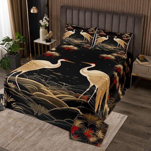 Feelyou Japanese Crane Bedspread Red Crowned Crane Bedspread for Kids Boys Girls Wild Animal Coverlet Set Lucky Clouds Quilted Bedroom Collection 3Pcs Queen Size