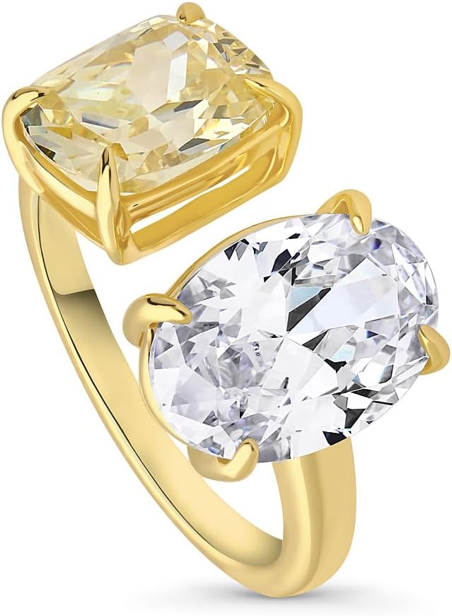 BERRICLE Sterling Silver Cubic Zirconia CZ Statement 2-Stone Cocktail Large Fashion Ring for Women, Yellow Gold Flashed Size 4-10