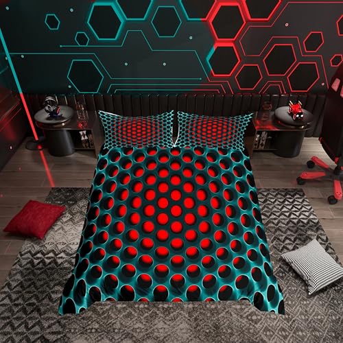 3D Honeycomb Boys Bedding Set Geometric Men Duvet Cover Set for Kids Teens Three-Dimensional Honeycomb Bedding & Linen Lifelike Stereoscopic Dense Hole Teal Blue Red Bedding & Linen 3 Pcs Double