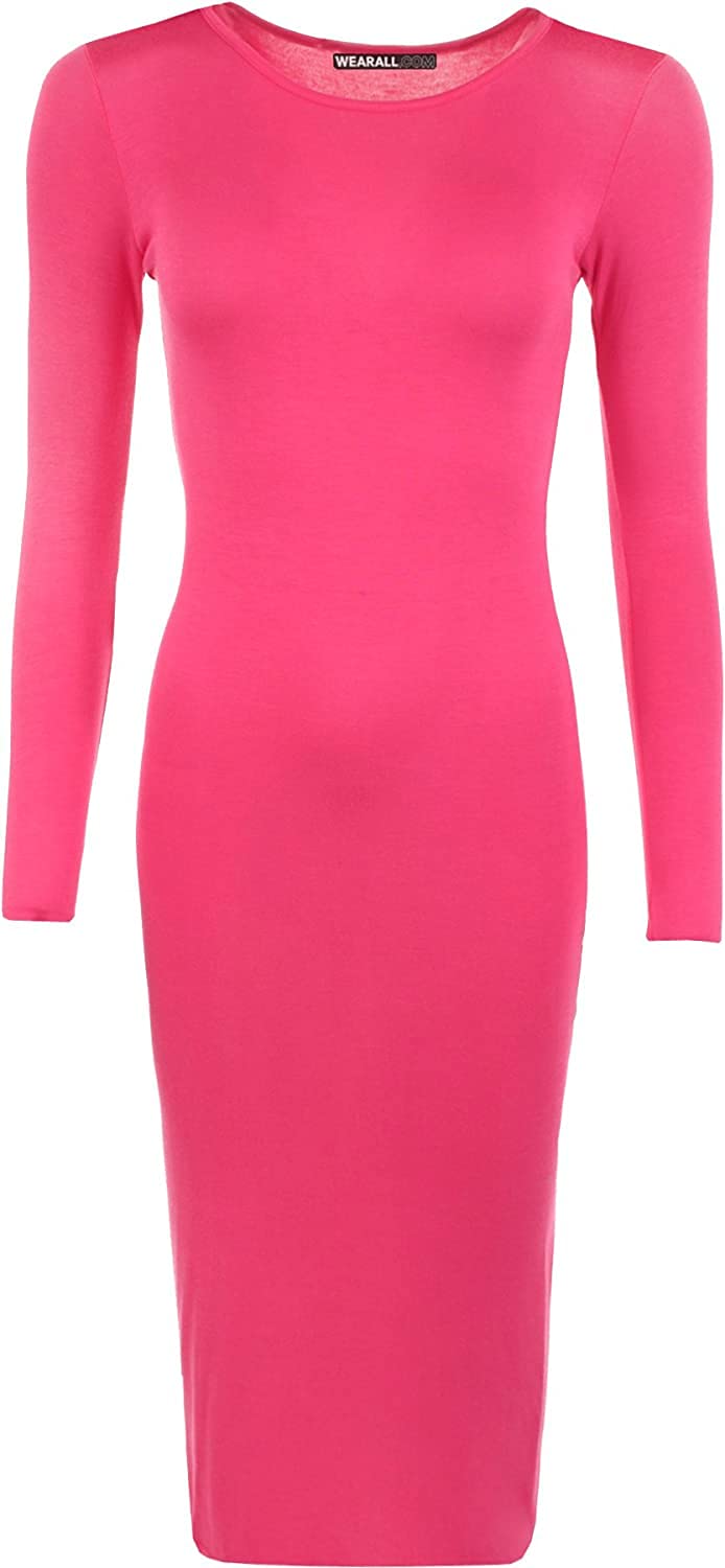 WearAll Womens Plus Size Plain Long Sleeve Bodycon Ladies Stretch Midi Dress - Cerise - 20-22