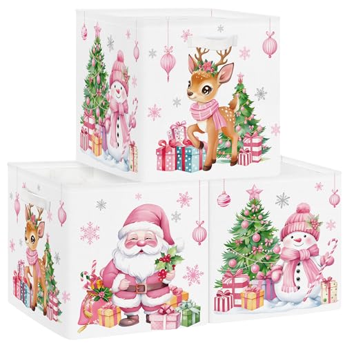 Clastyle 3 pcs Christmas Kids Cube Storage Unit Boxes Snowflake Storage Baskets for Shelves Festival Nursery Hamper Basket Book Clothes Toy Box Organizer,Santa Claus,11.8x11.8x11.8 in
