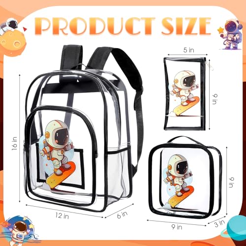 3 Pcs Kids Clear Backpack with Lunch Bag Pencil Case 16" Heavy Duty Transparent Bookbag for Boy Girl School Supplies(Astronaut,Black)2