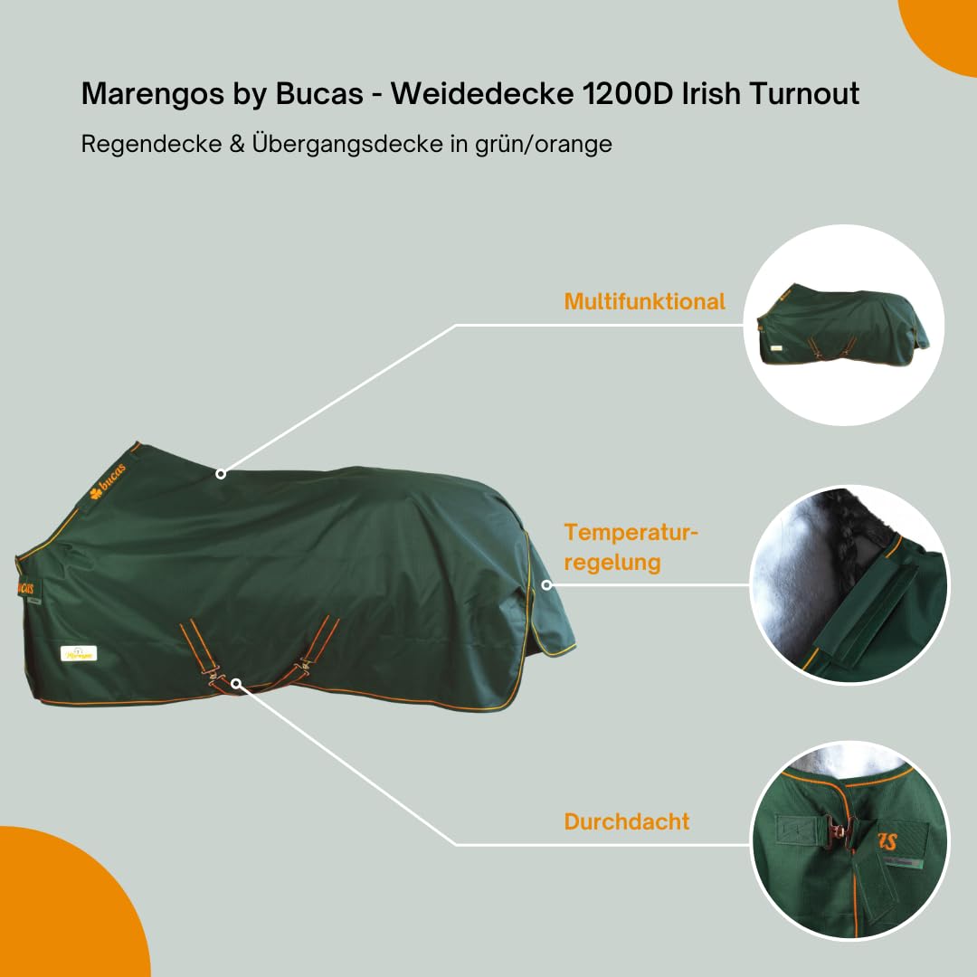 Marengos by Bucas - Weidedecke 1200D Irish Turnout | als Regendecke & Übergangsdecke | wasserdichte Outdoordecke mit Innenfutter & Kreuzbegurtung | Grün/Orange in Größe 165cm (ohne Füllung)