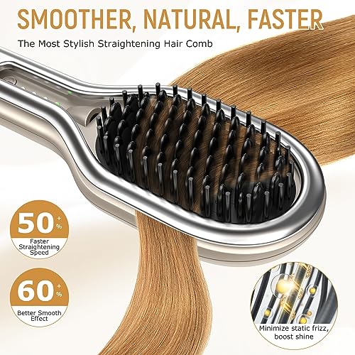 Hair Straightener Brush Ceramic | Negative Ionic Ring Straightening Comb | Natural Hairstyles Heat Brush Dual Voltage Fast Heat-Up with Dense Bristles, 4 Temps, Anti-Scald & Auto-Off - Thumbnail 4