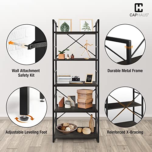 Image of CAPHAUS 5 Tier Bookshelf, 24 Inch Width Free Standing Shelf, Bookcase Shelf Storage Organizer, Industrial Book Shelves for Home Office, Living Room, Kitchen, Black Vintage Shelves & Metal Frame