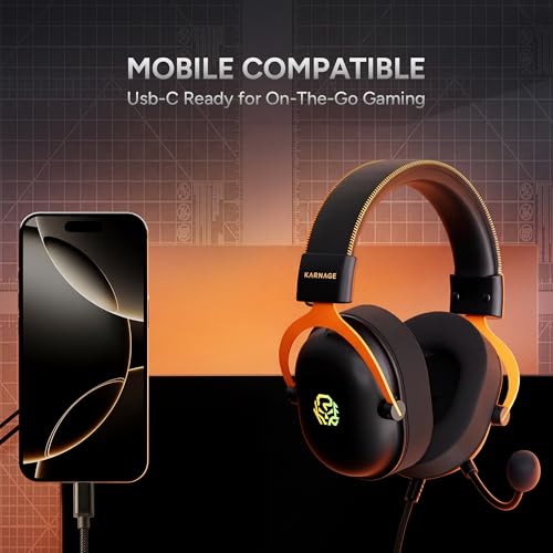 Image of KARNAGE by EVM Velocity RGB Gaming Headset with Mic | 50mm Drivers | 7.1 Surround Sound | ENC Microphone | Noise Isolation Ear Cups | Braided Cable | PC /Mac /PS /VR | Black-Orange
