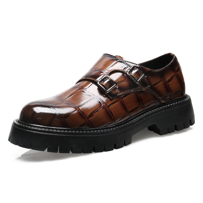 Men's Leather Printed Platform Monk Buckles Dress Loafers Fashion Round Toe Chunky Block Heel Non-Slip Slip-On Formal Business Shoes for Wedding Party Work