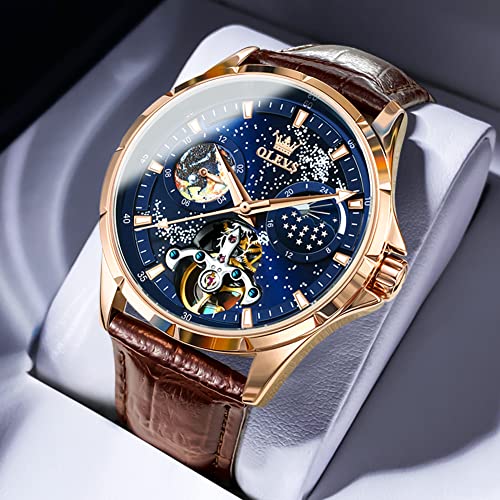 Olevs Watch For Men Automatic Starry Sky Dial Luxury Brown Leather Strap Classic Multi Calendar Skeleton Waterproof 5 Hands Wrist Watch For Men #TOP27