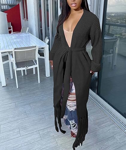 SOMTHRON Women's Long Cardigan Sweaters Tassel Fringe Open Front Maxi Knit Loose Winter Fall Coats Outwear with Belt4