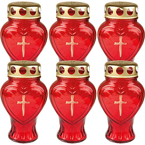 HS Candle Grablicht Glas in Herzform (Rot), 6er Pack Grabkerze mit ca. 30h Brenndauer Rot