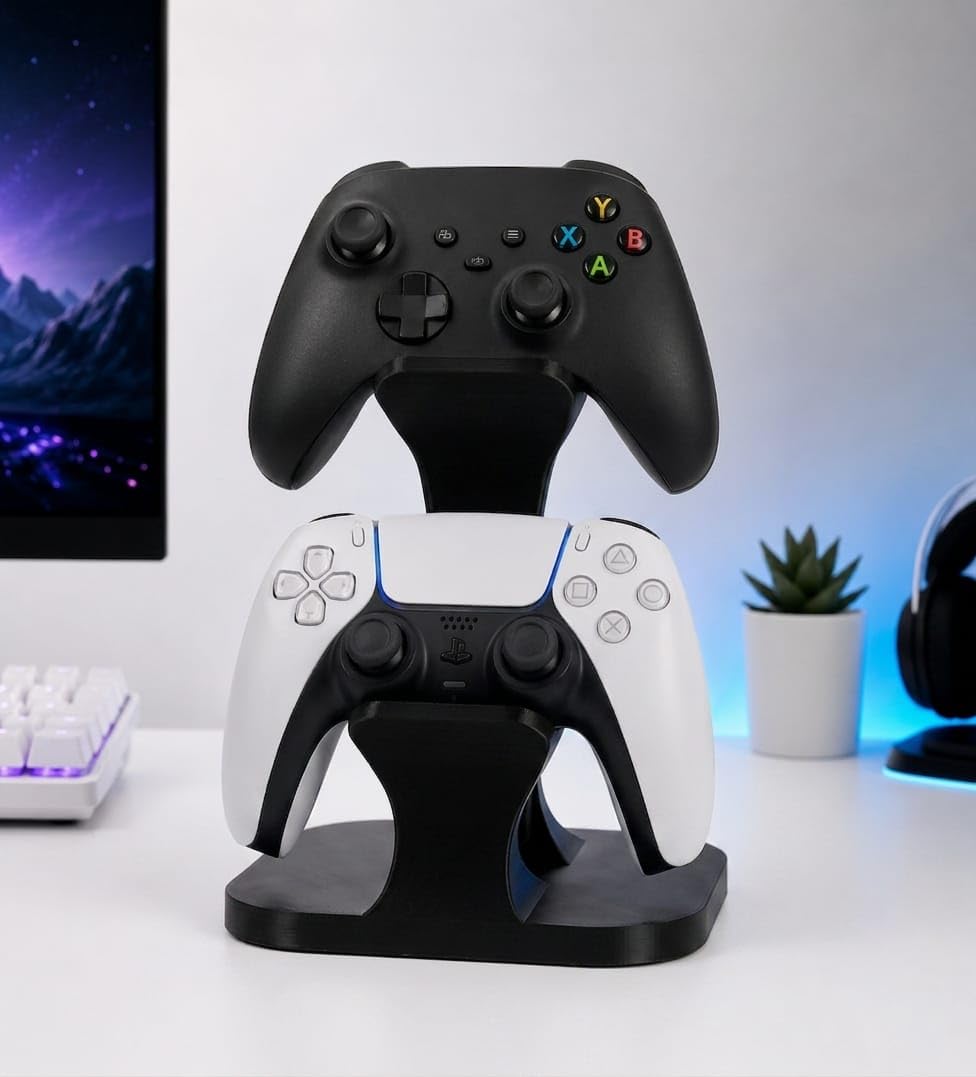 Dual Controller Stand for PS5, Xbox & Universal Gamepads | Desktop Gaming Controller Holder for 2 Controllers | Minimal Space Saving Gaming Desk Organizer (Black)-image-33