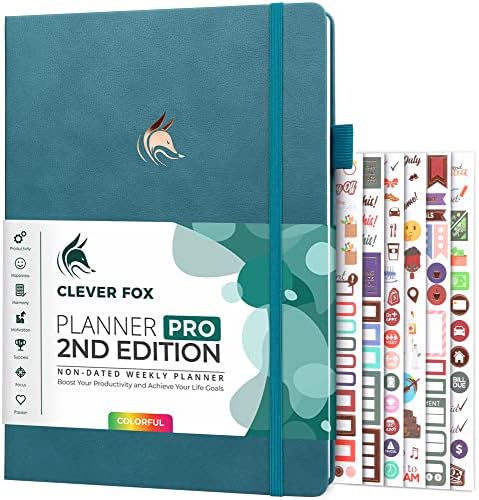 Clever Fox Planner PRO 2nd Edition  Undated Weekly Agenda Planner for Setting Goals, Tasks & Time Management  Life Organizer with To-do Lists & Habit Trackers Large Format, 21.5 x 28cm(Aquamarine)
