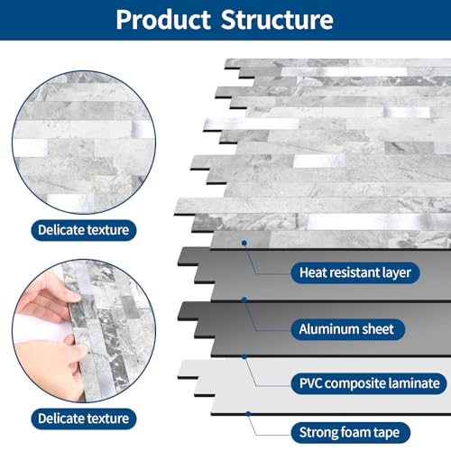 Yipscazo 20 Sheets Peel and Stick Stone Metal Tile Backsplash, Stick on Tiles for Backsplash Kitchen, Bathroom, Laundry Room, Camper, Fireplace (12'' X 12'', Gray Stone with Metal) by Yipscazo - Used condition - Image 6