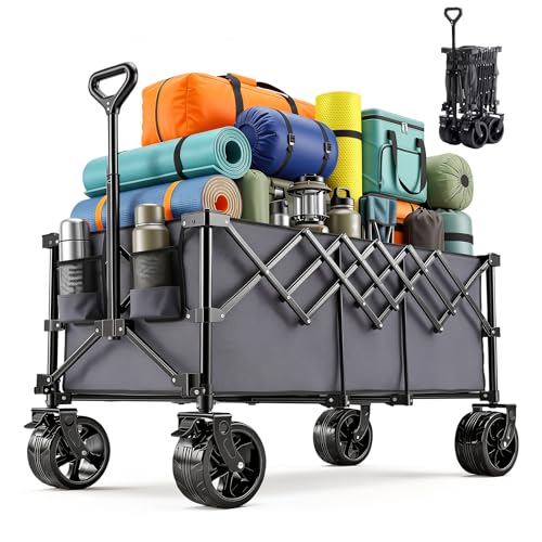 OLIXIS Collapsible Wagon Cart - 440lbs Foldable 49 Extra Long Heavy Duty Utility Wagon with Wheels Portable Storage Grocery Cart for Camping Shopping Sports Beach Garden Grey