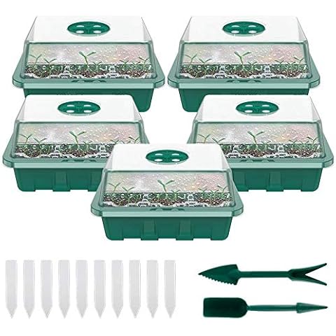 ODOMY 60 Cells Seed Starting Trays with Adjustable Humidity Vented Domes, Base & Plant Labels 5Pack Seedling Trays Mini Propagator for Seeds Growing (Green) Cover