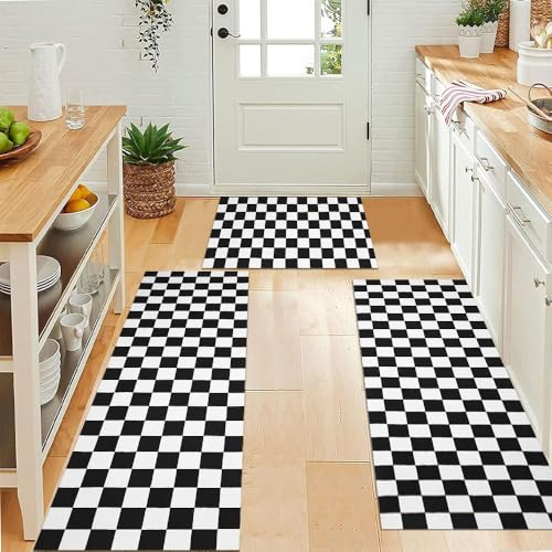 Checkered Kitchen Rugs Sets of 3 Black and White Non