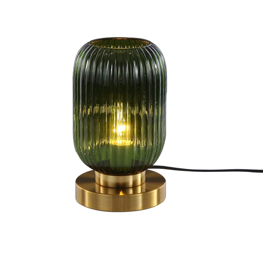 NEAFP Glass Table Lamps Mid Century Modern Globe Table Lamp Gold Desk Light Nightstand Lamp with Green Pumpkin Design Ribbed Glass Bedside Table Lamp for Bedroom Living Room Office HGCHH