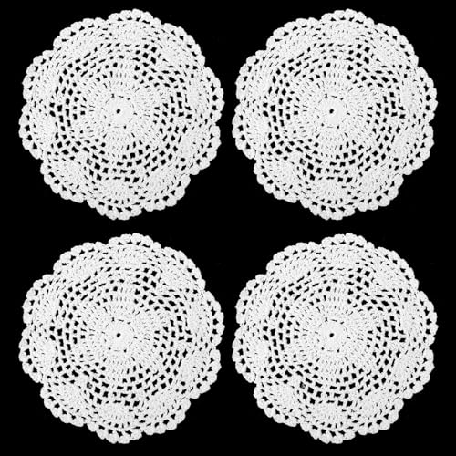 Lot de 4 napperons ronds en dentelle faite à la main en coton style vintage pour cuisine, salle à manger, fête, mariage, anniversaire (blanc)