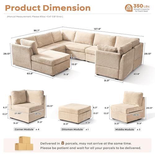 Image of ovios Modular Sectional Sofa Couch with Sofa Bed L-Shape Chaise, Comfy Plush Corduroy Cloud Couches, Modern Luxury Deep Seat Sofas Set for Living Room, 8-Seater, Beige