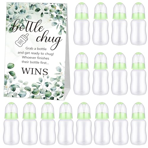 TrelaCo Bottle Chug Baby Shower Game 20 Pcs Baby Bottles Shower Favor with 1 Greenery Theme Sign for Gender Reveal Party Supplies Gifts(Green)