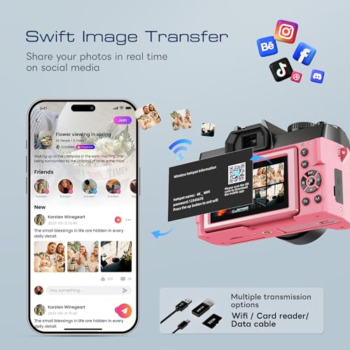 Image of Digital Cameras for Photography with WiFi&App Control, Ture 4K&48MP Vlogging Camera for YouTube,Compact,16X Zoom Autofocus, Anti-Shake for Entry-Level User, Beginners, Macro&Wide Lens-32GB Card(Pink)
