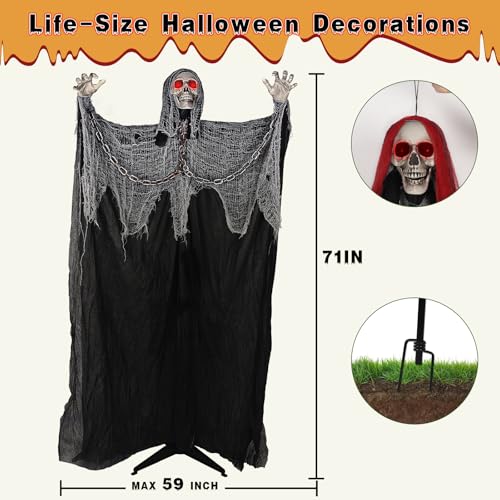 71'' Life Size Halloween Decorations, Halloween Skeleton with Light-Up Eyes & Sound Adjustable Arms Swaying Body Voice/Touch Sensing, Halloween Animatronics for Indoor/Outdoor Yard Lawn Decor, black2