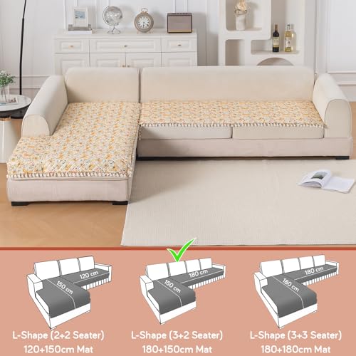 Image of HOKIPO Sunlit Butterfly L Shape (3+2 Seater) Sofa Seat Mat with Tassel| Quilted Sofa Cover Mat, 'Tassel Twigs' Series (IN-984-T3 + IN-986-T3)