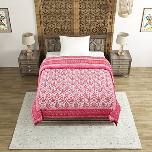 Image of BLOCKS OF INDIA Cotton Single Size Quilt Hand Block Print for Light Winters (60X90 Inches) (Pink Reversible, 300 Tc)
