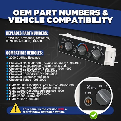 Panneau de commande de climatisation AITKEN pour Chevy GMC 1996-2000 Remplacement 599-006