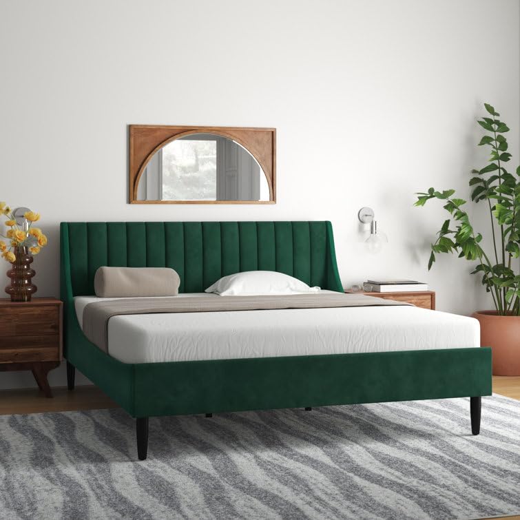 Image of HITHOS Solid Wood Modern Upholstered King Size Bed with Wingback Headboard | Wooden Double Bed Cot Palang Without Storage (Evergreen) 1 Year Warranty