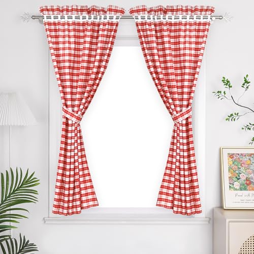 Yujiao Mao Lot de 2 Rideaux Style Campagne Motif à Carreaux Rideaux Brise-bise occultant et Salle de Bain avec 2 embrasses Rouge LxH 80x120cm