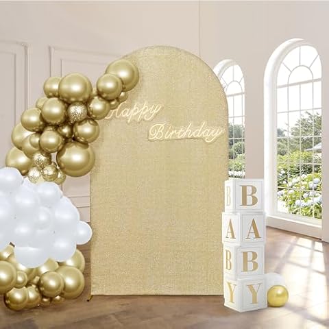 8ft Glitter Gold Arch Cover for 8ft Ballon Arch Stand, Glimmer Wedding Arch Covers Stretchy Backdrop, Party Birthday Graduation Photo Round Chiara Arch Backdrop Background Stand Cover Cover