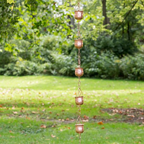 Marrgon Copper Rain Chain – Decorative Chimes & Cups Replace Gutter Downspout & Divert Water Away from Home for Stunning Fountain Display – 6.5’ Long for Universal Fit – Pot Style