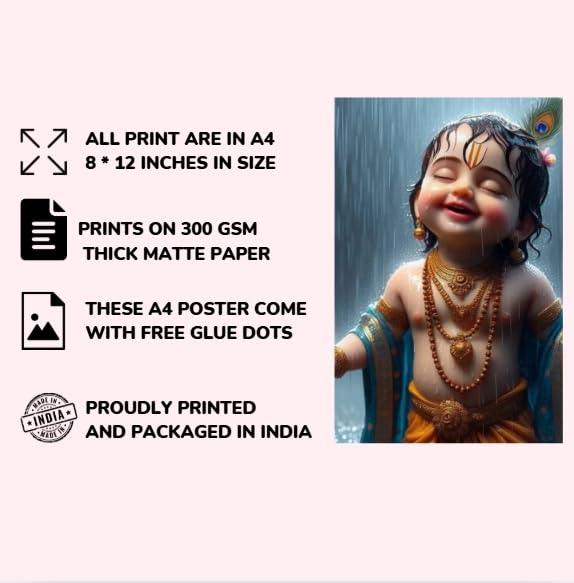 Image of Posters Inc Set of 12 Positive Vibes Bal Krishna Wall Stickers | Cute Baby Krishna Posters for Pregnant Women & Kids Room | HD Print on 300 GSM A4 (8x12 Inch) with Glue Dots | Aesthetic Baby God Wall Art, Nursery & Home Decor