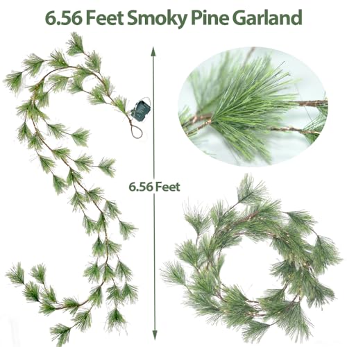 Image of 2025 New 6.56FT Christmas Pine Garland Lights 96 Warm White LED Lights 8 Flash Modes Battery Operated with Timer Lighted Smoky Pine Garland for Mantle Fireplace Indoor Home Christmas Decoration