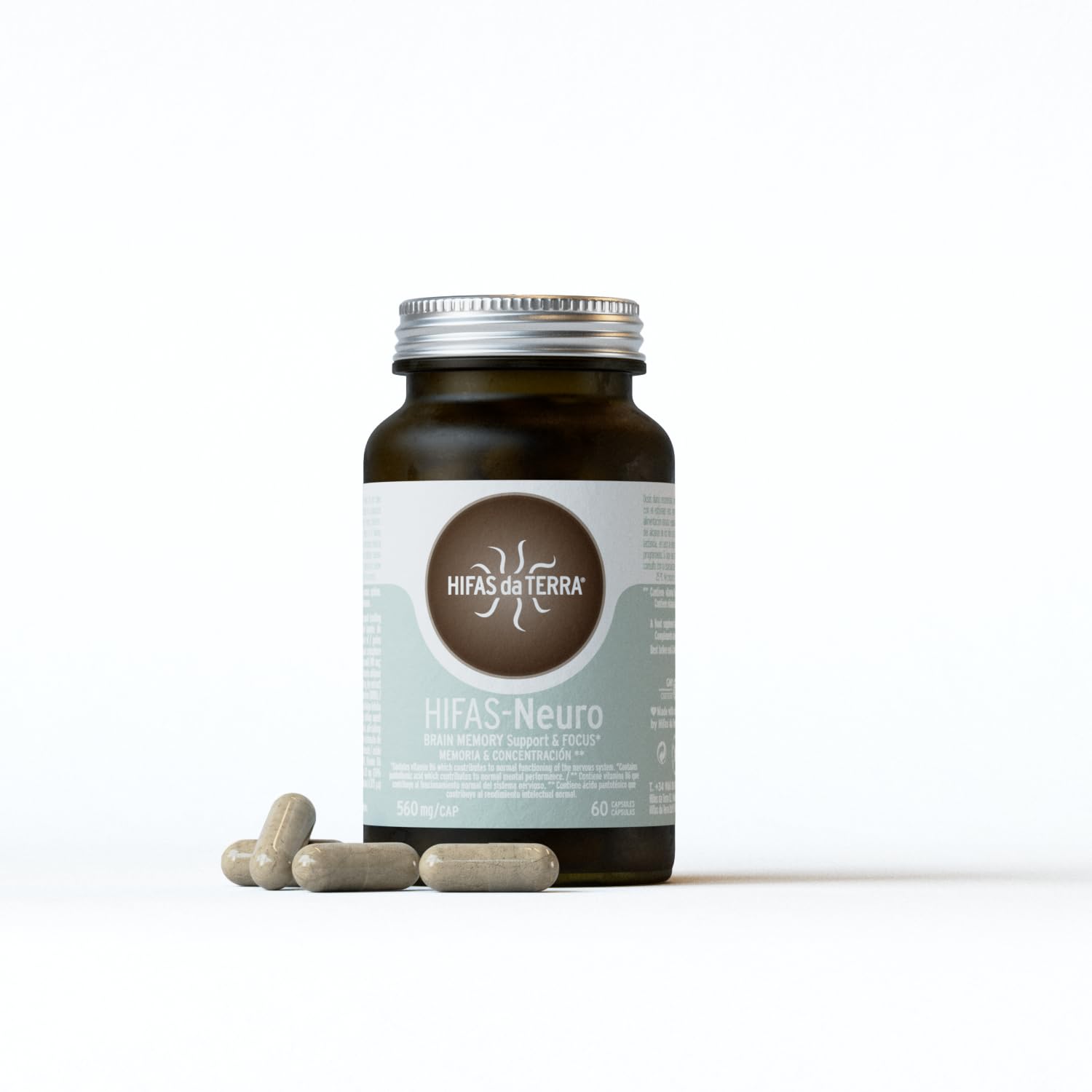 HIFAS DA TERRA - HIFAS-Neuro Suplemento para Memoria y Concentración con Extractos de Hongos Puros de Melena de León y Chaga, Vitaminas B6 y B12 - Bote 60 Cápsulas
