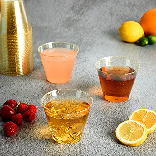 Focusline 100 Pack Gold Glitter Plastic Cups 9 Oz Clear Plastic Cups Tumblers, Fancy Disposable Hard Plastic Cups With Gold Glitter For Wedding Cups Elegant Party Cups #TOP4
