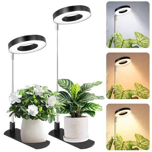 LBW Grow Light for Indoor Plants Full Spectrum Halo Plant Grow Light with Base Height Adjustable Plant Lamp with Auto Timer 6/8/12/16H 3 Color 5 Dimmable Level for Small Plants Black 2 Packs