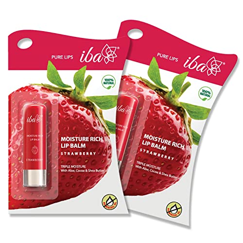 Image of Iba Pure Lips Moisture Rich Lip Balm - Strawberry, 4.5 g (Pack of 2) | For Pigmented, Dry Damaged & Chapped Lips | Enriched with Cocoa Butter, Shea Butter l Glossy Finish | 100% Natural | Halal Certified & Vegan Makeup