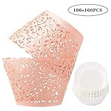 BAKHUK 200pcs Pink Lace Cupcake Wrapper Liners, Laser Baking Cups Holders Muffin Case Trays for Baby Shower Wedding Birthday Party Decoration