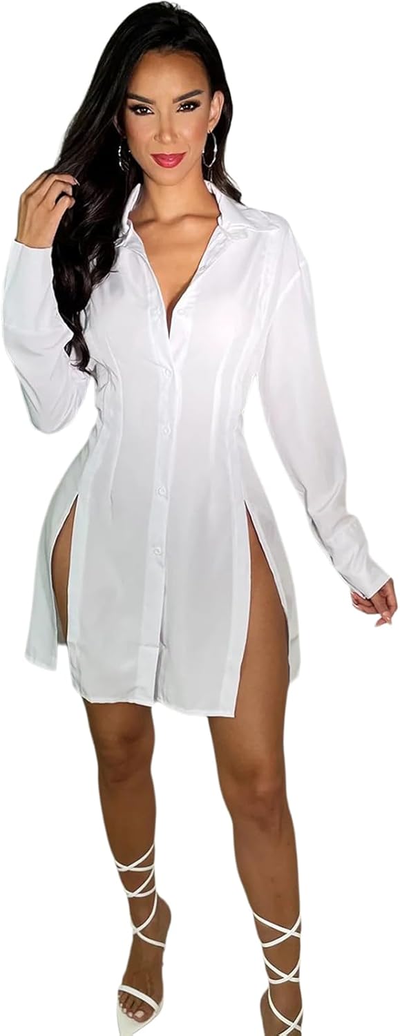Shirt Dress for Women Sexy Button Down Date Night Dresses Ruched Slit Stand Collar Long Sleeve Blouses - Image 2