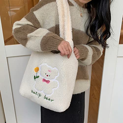MEGAUK Women Faux Fur Tote Bag Girls Cute Bear Fluffy Shoulder Bag Plush Bag For Shopping Dating, White Lamb Velvet Tulip Bear - Image 3