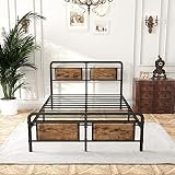45MinST 14 Inch Classic Victorian Platform Bed Frame, with Vintage Brown Wooden Headboard and Footbo